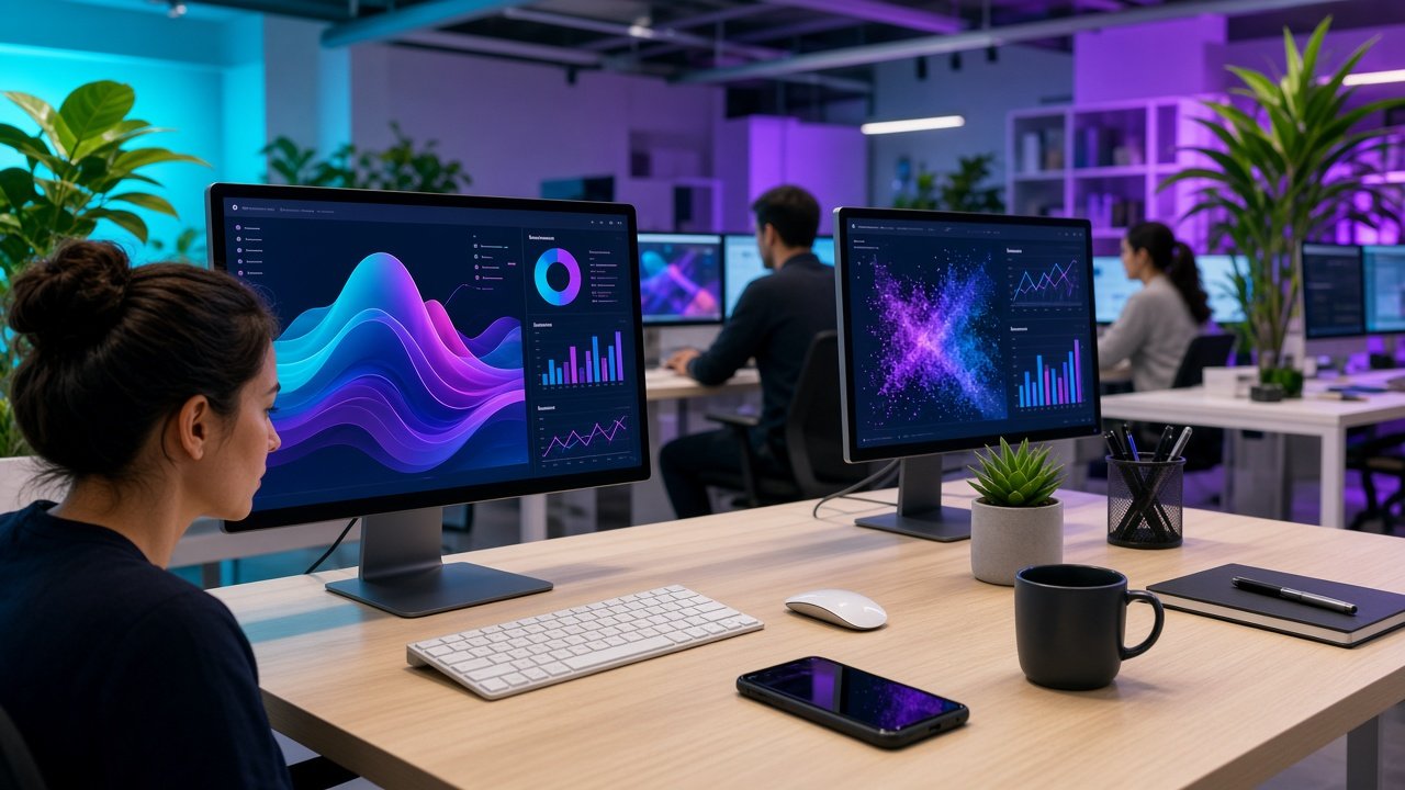 Lunai product studio with colorful screens